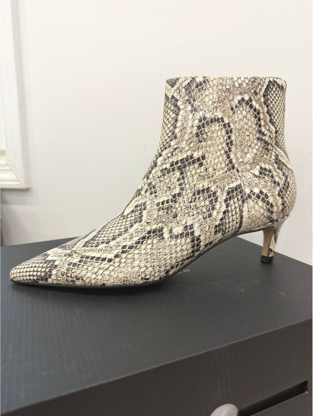 Marc Fisher Snake Print Ankle Boots in Beige and Black